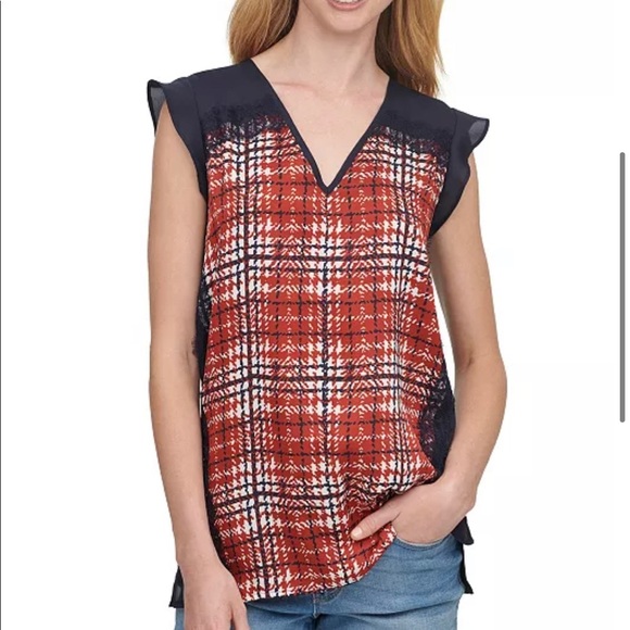 NWT DKNY Printed Lace-Trim Top large - Picture 1 of 7